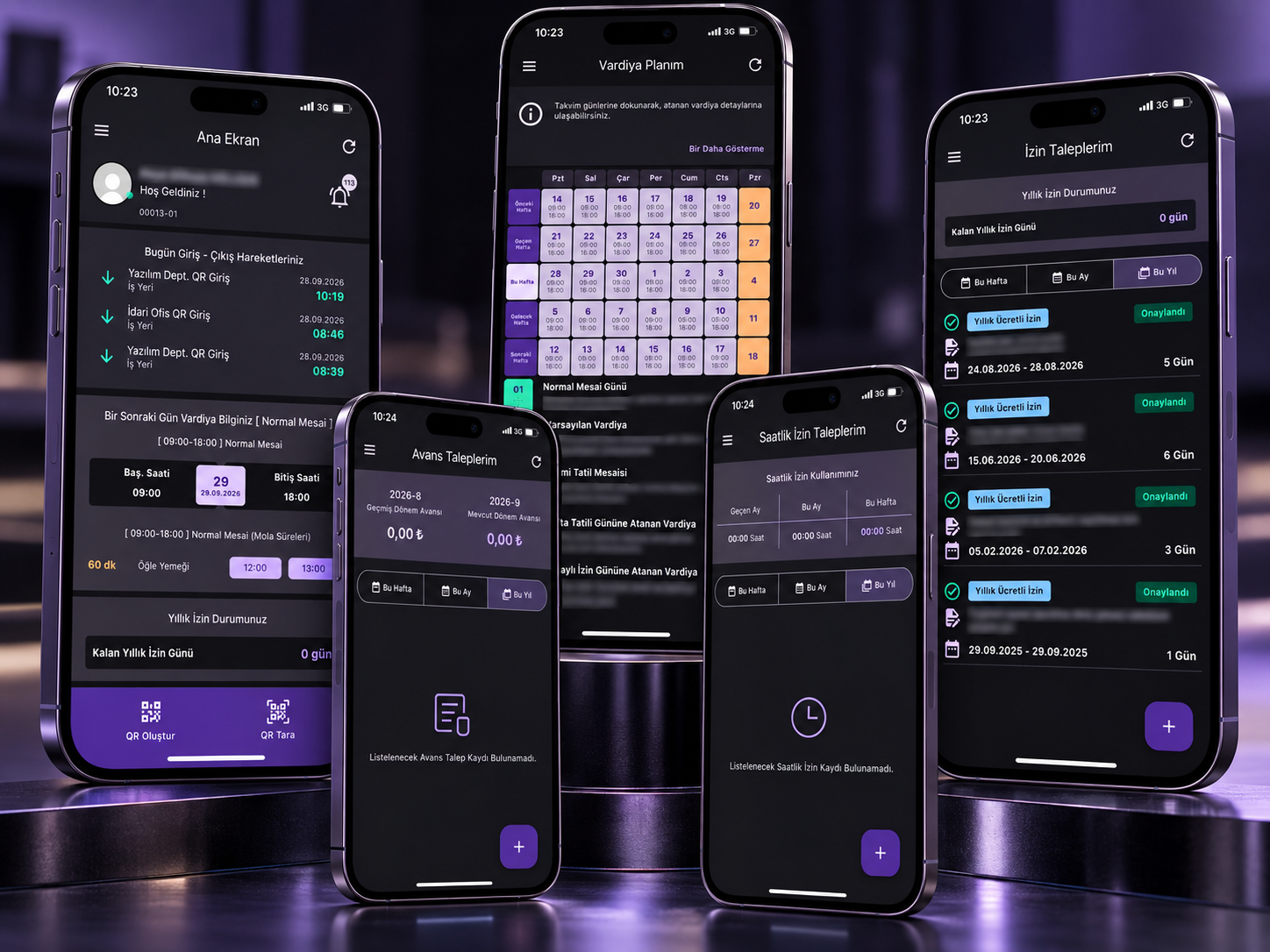 PDKS mobile screens: clock-in, shift plan, leave and advance requests
